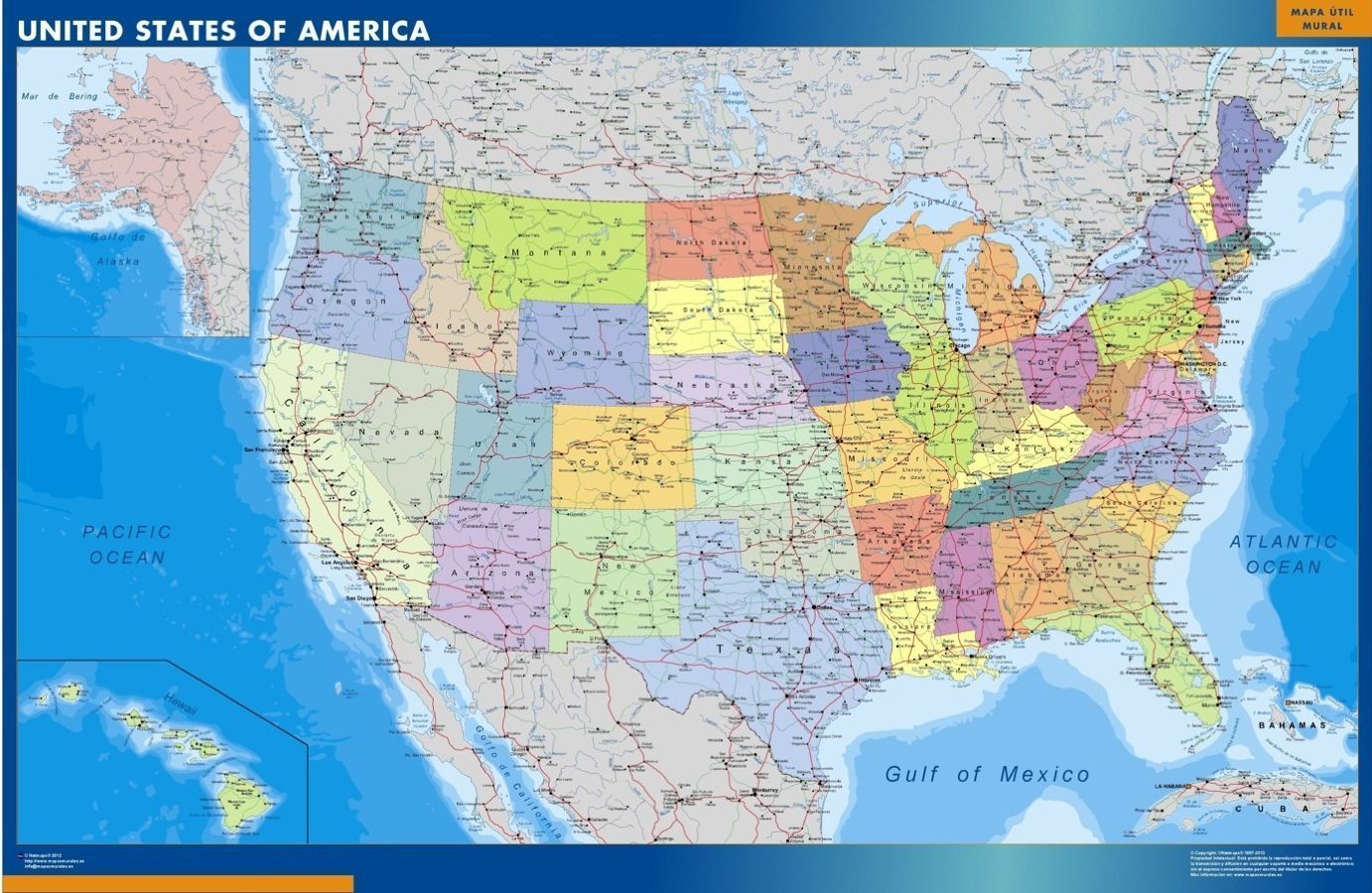 USA physical wall map