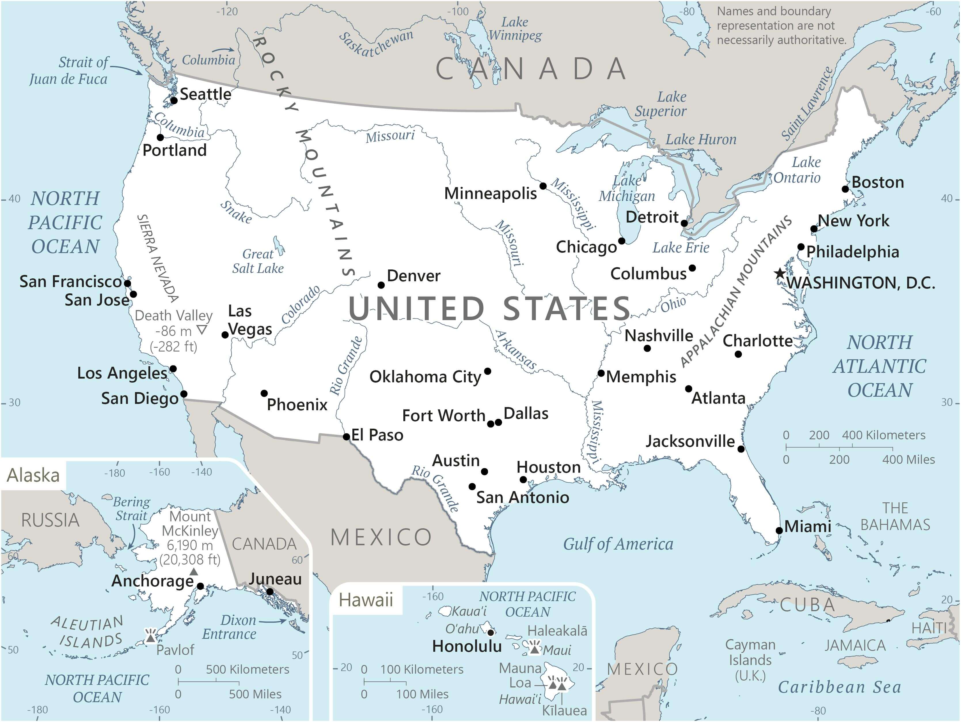 political map of the US with largest cities