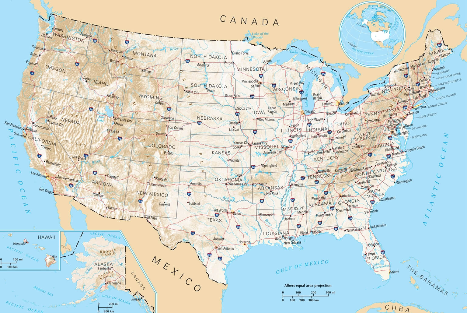 US political map with elevation