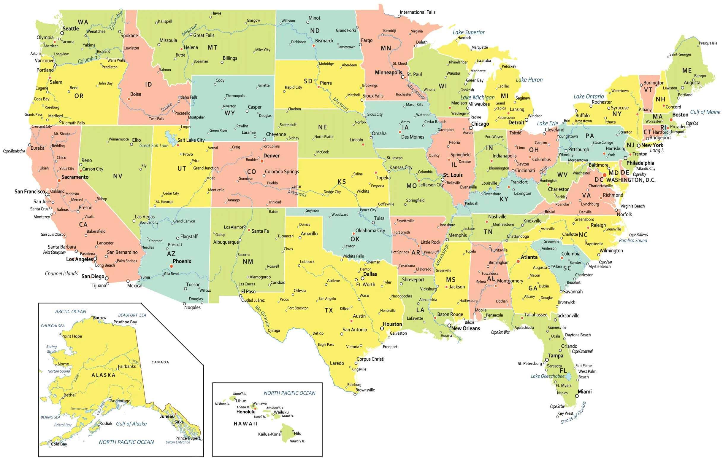 USA political map with states and cities