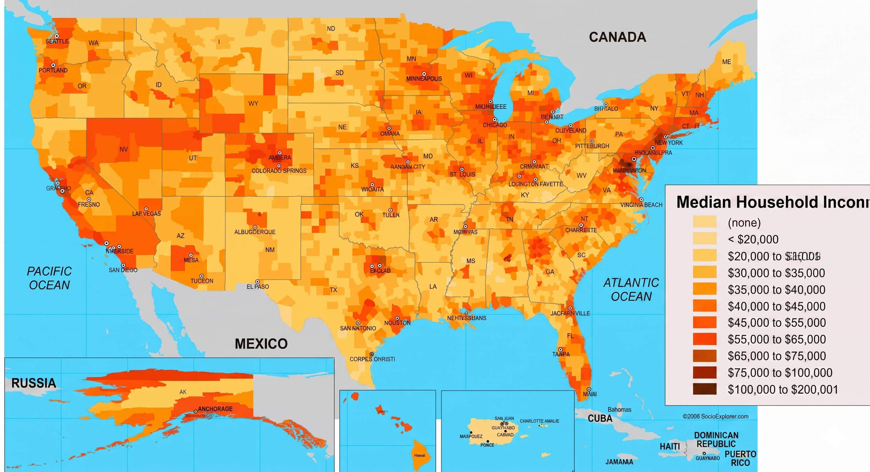 US population density by county orange scale map