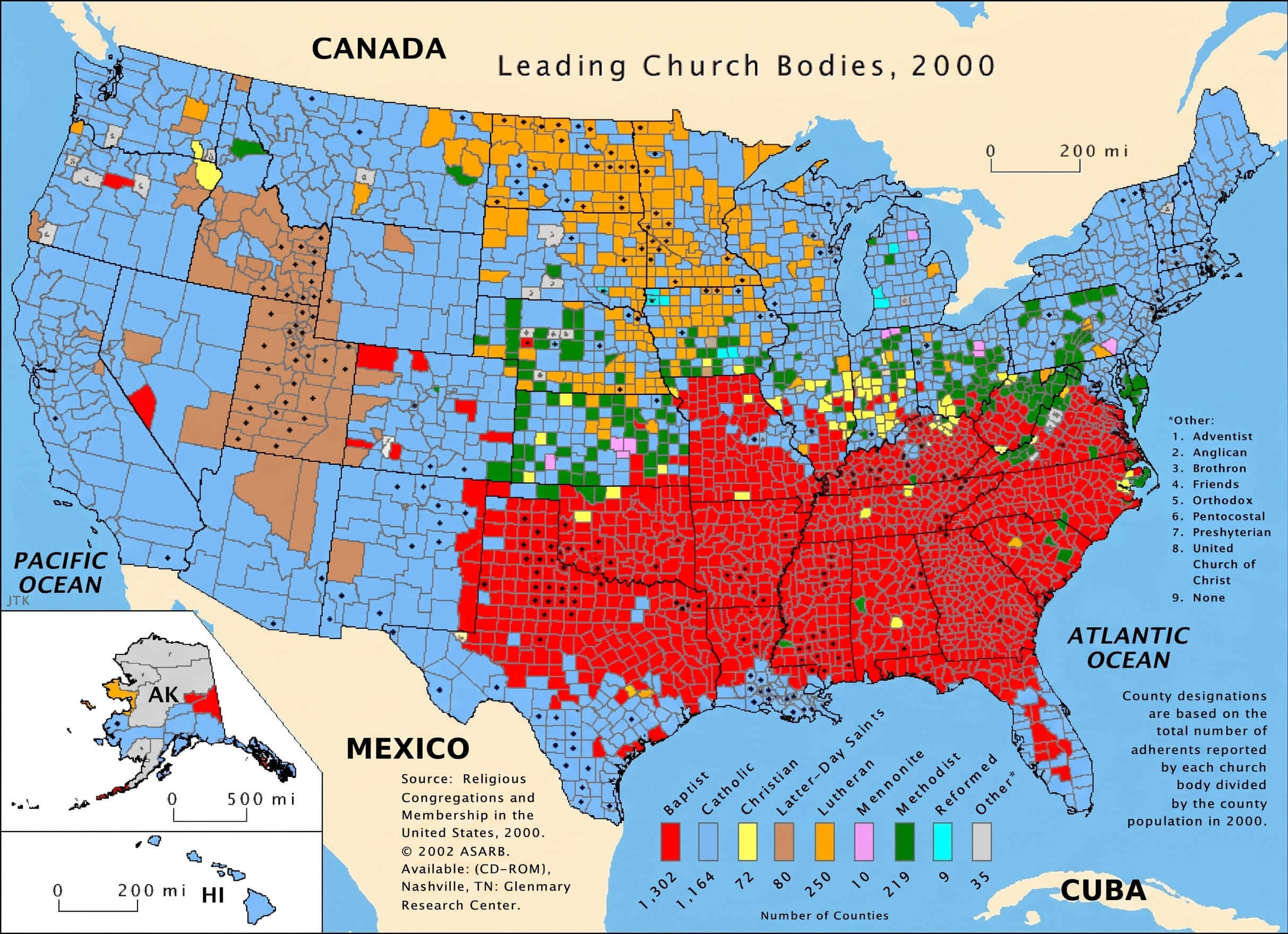 US religious distribution map by region 2000