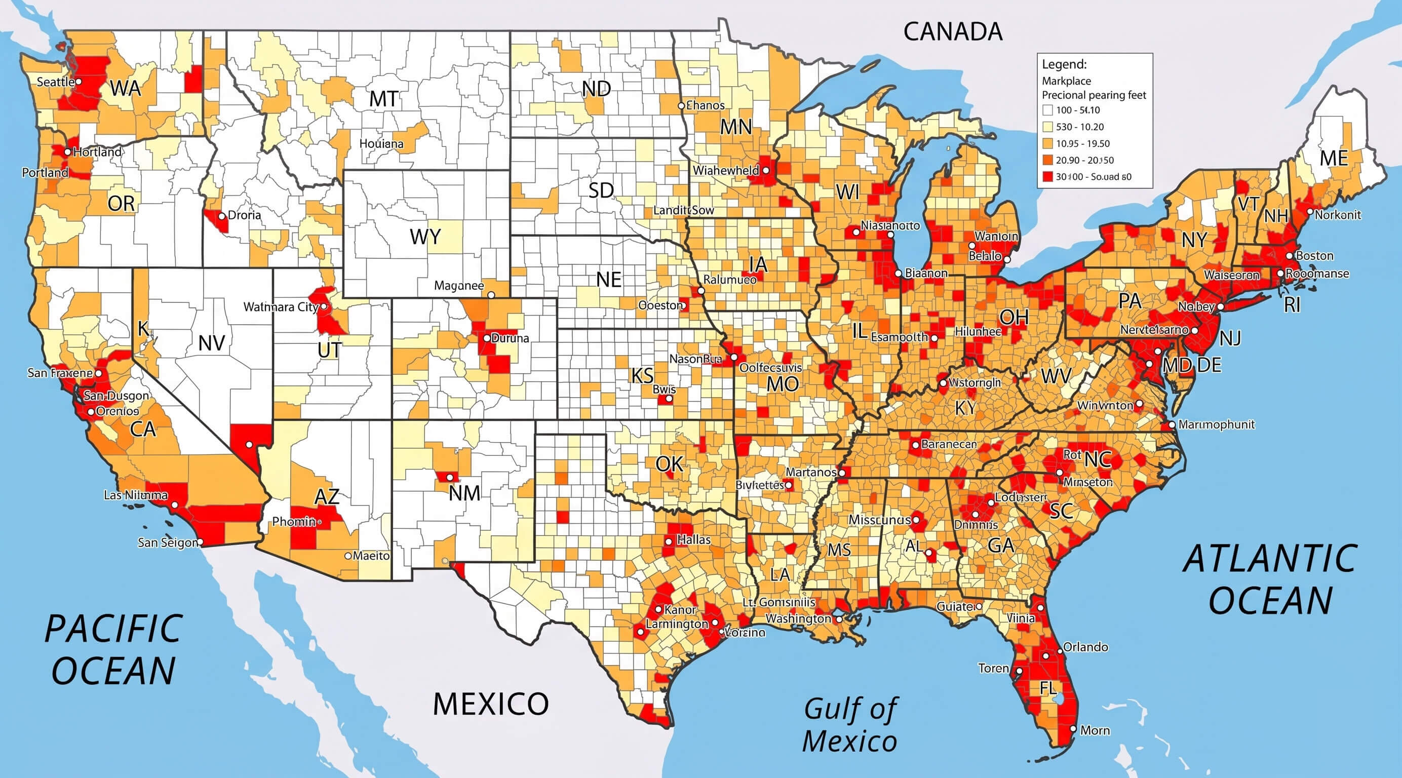 US urban population density clusters map