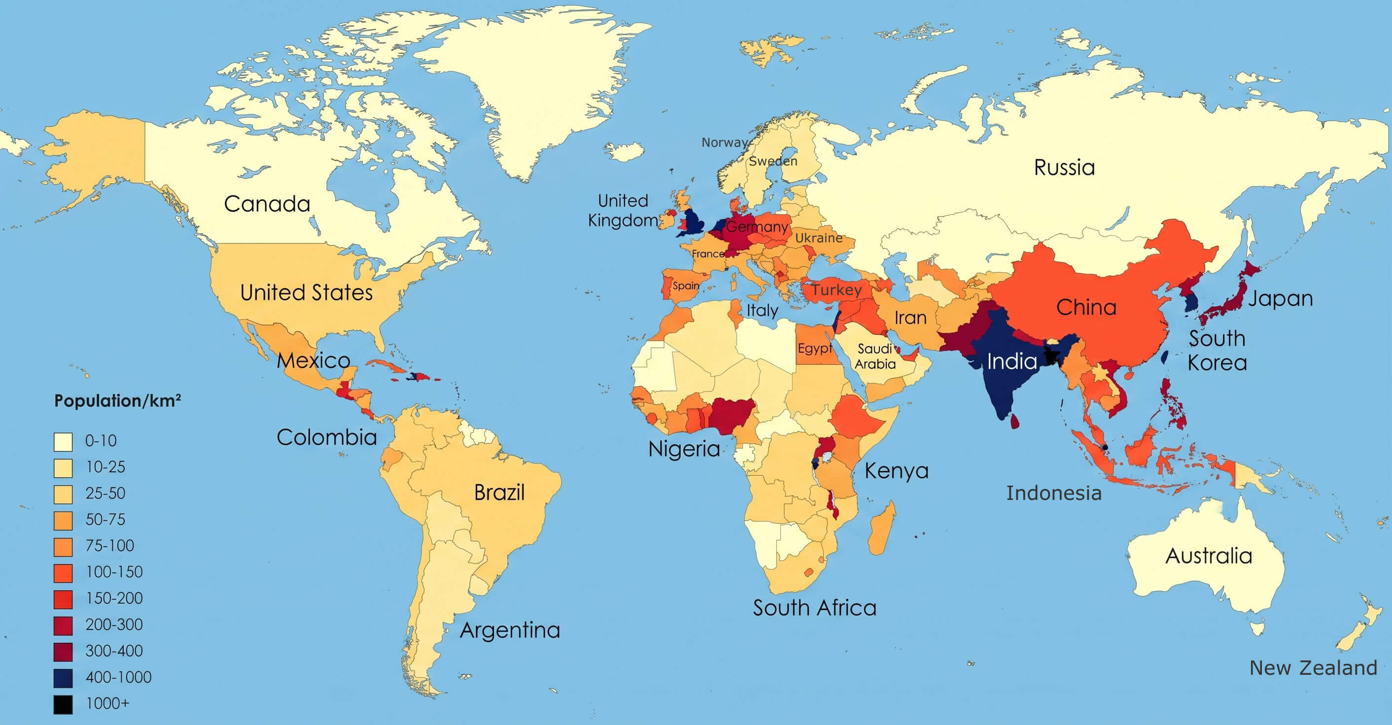 World population density map Global comparison with United States