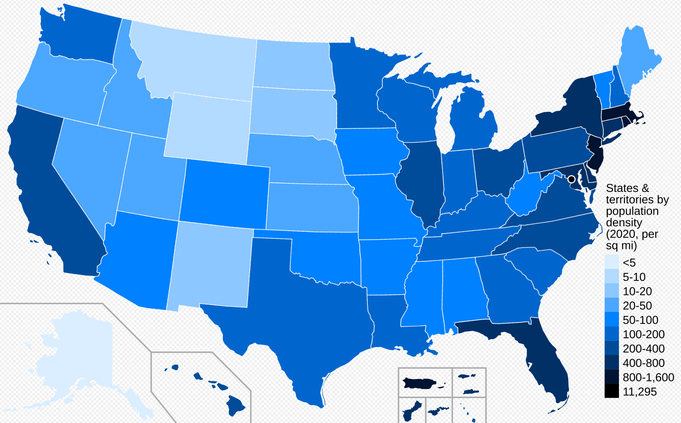 Map of United States by population density 2020