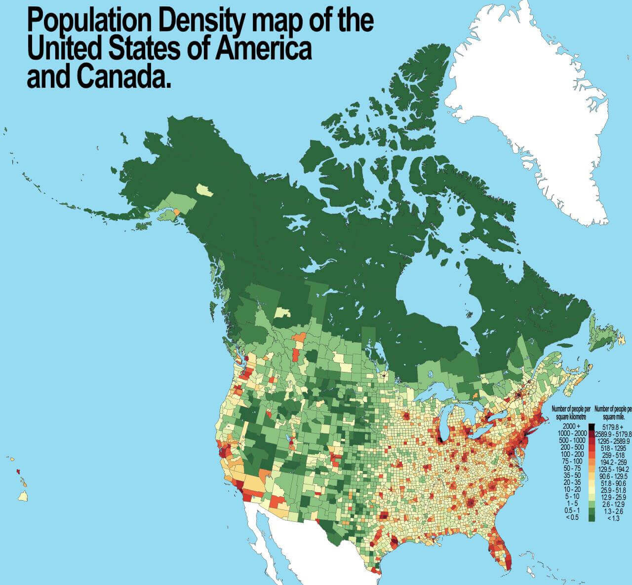 Population density map of the United States and canada