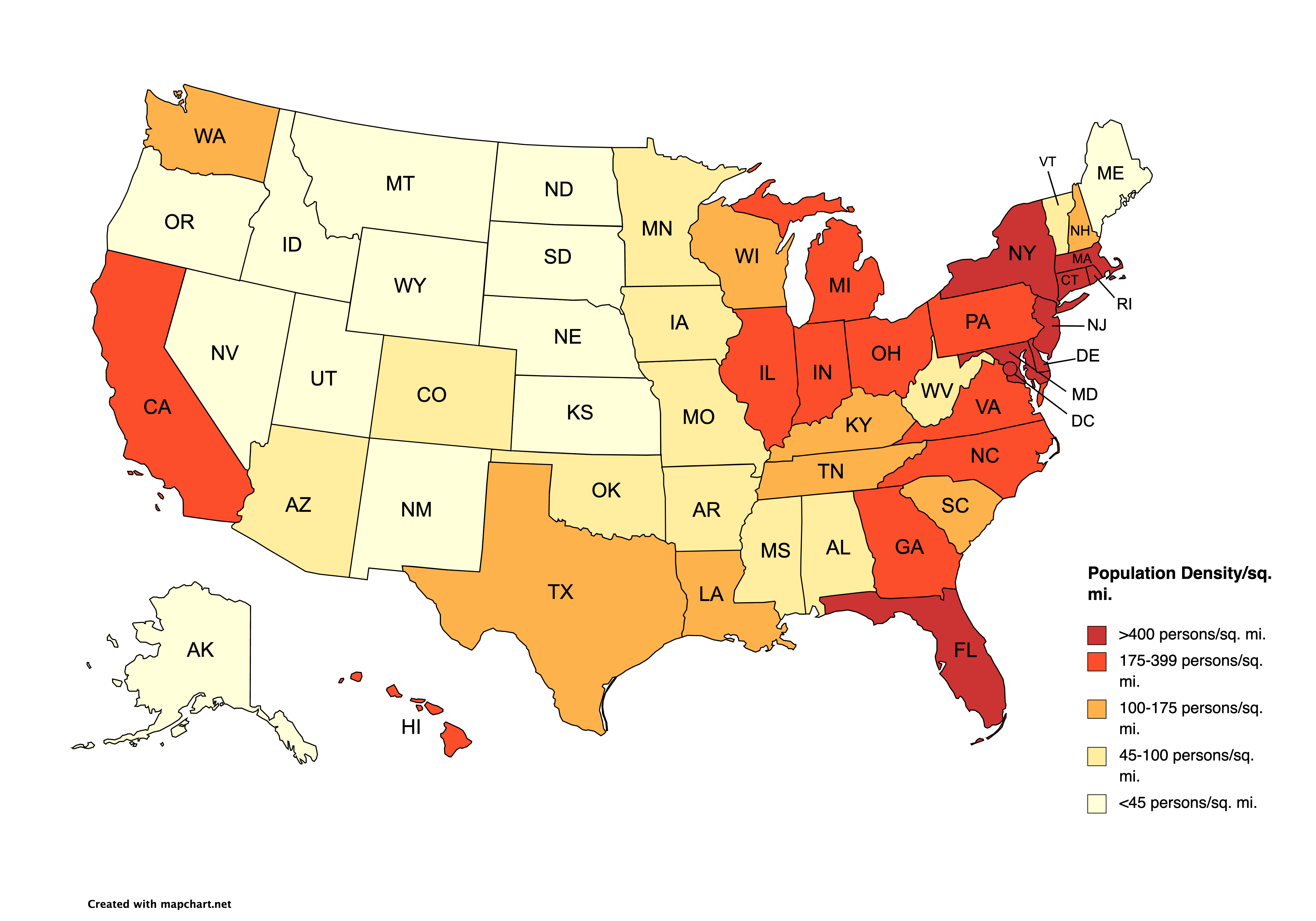 Population density of the United States map