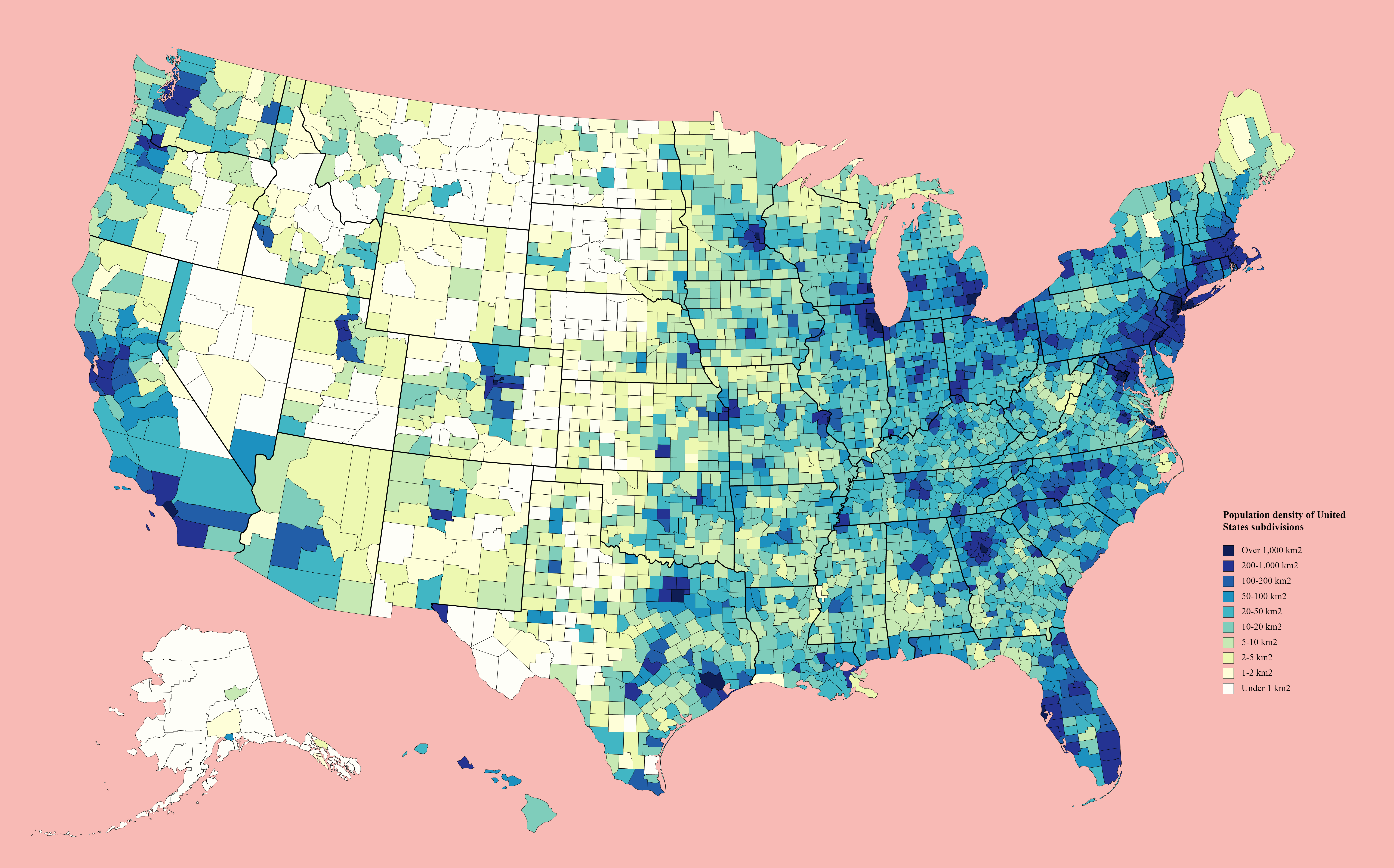 Population density of United States counties map