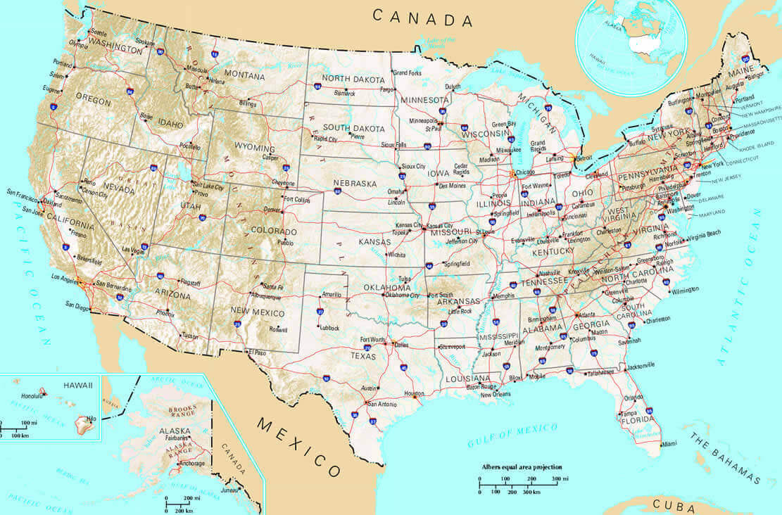 Physical map of US and states