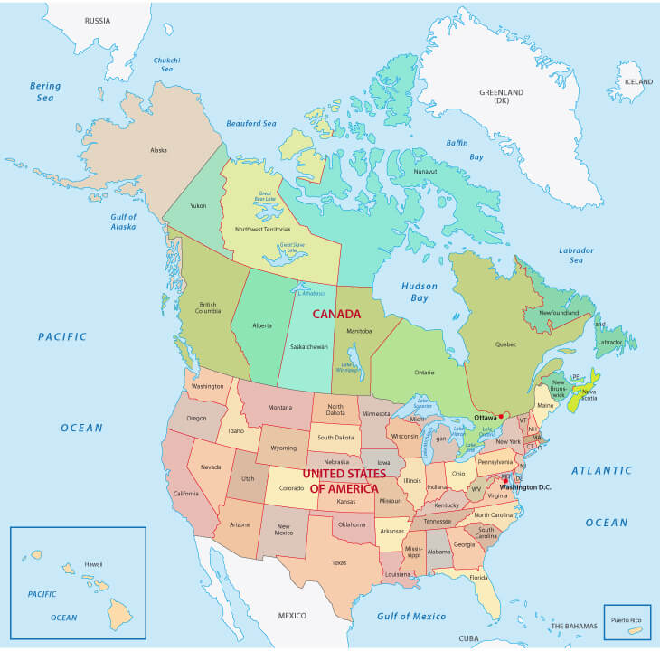 US and Canada states territorial map