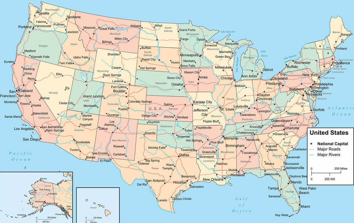 US states and major cities map