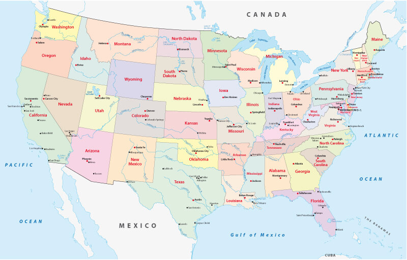 US states and rivers map