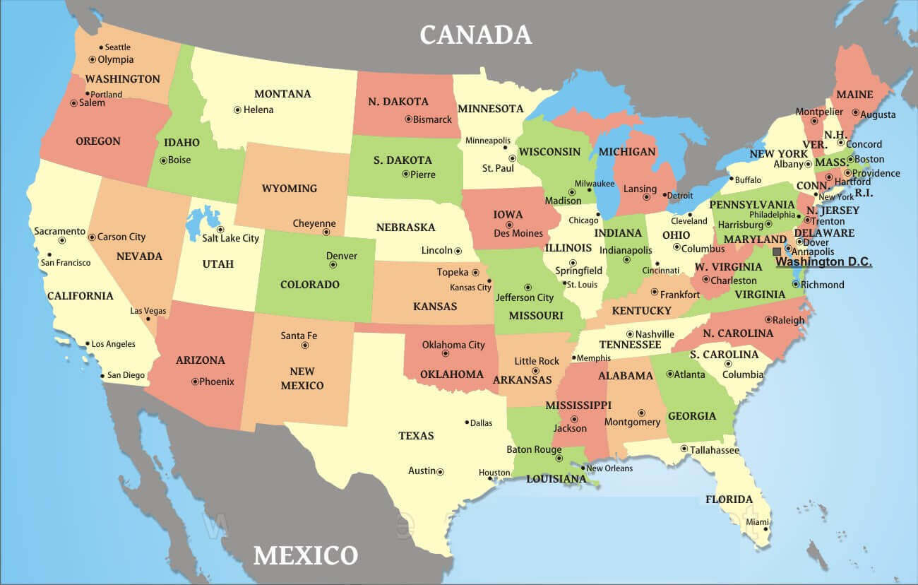 US states map with cities