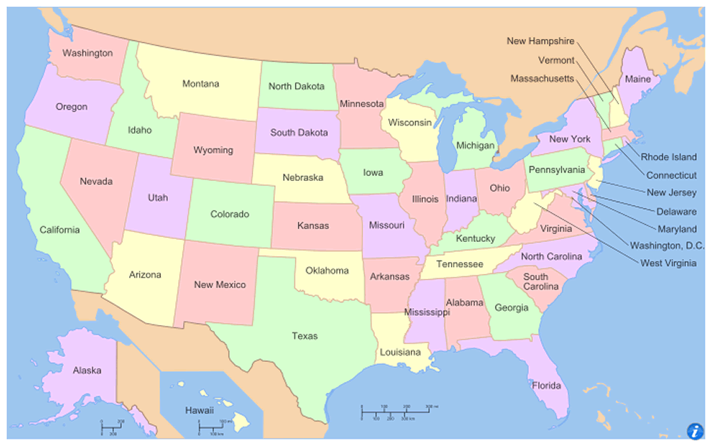 US states political divisions map