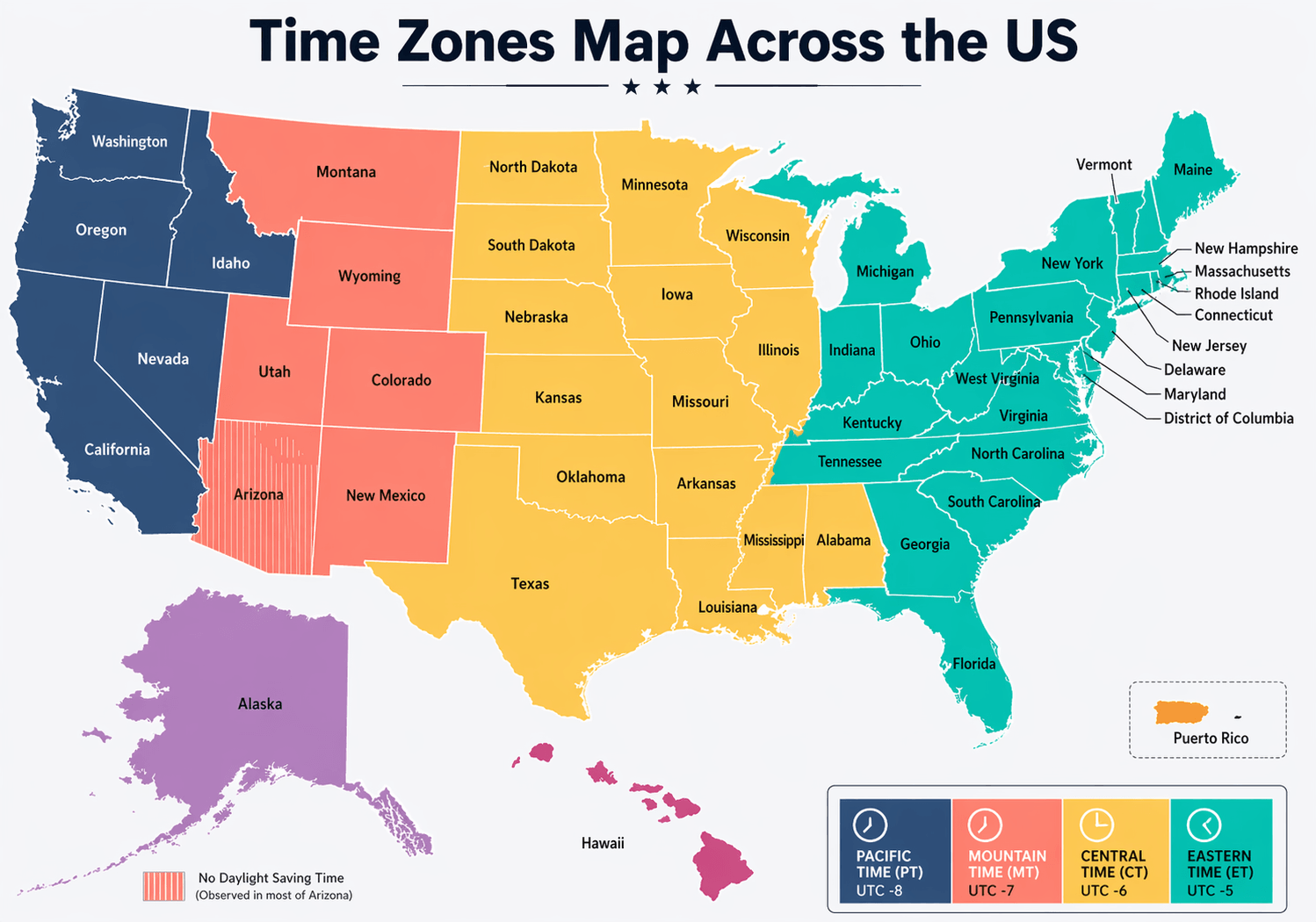 Time zones map across the US