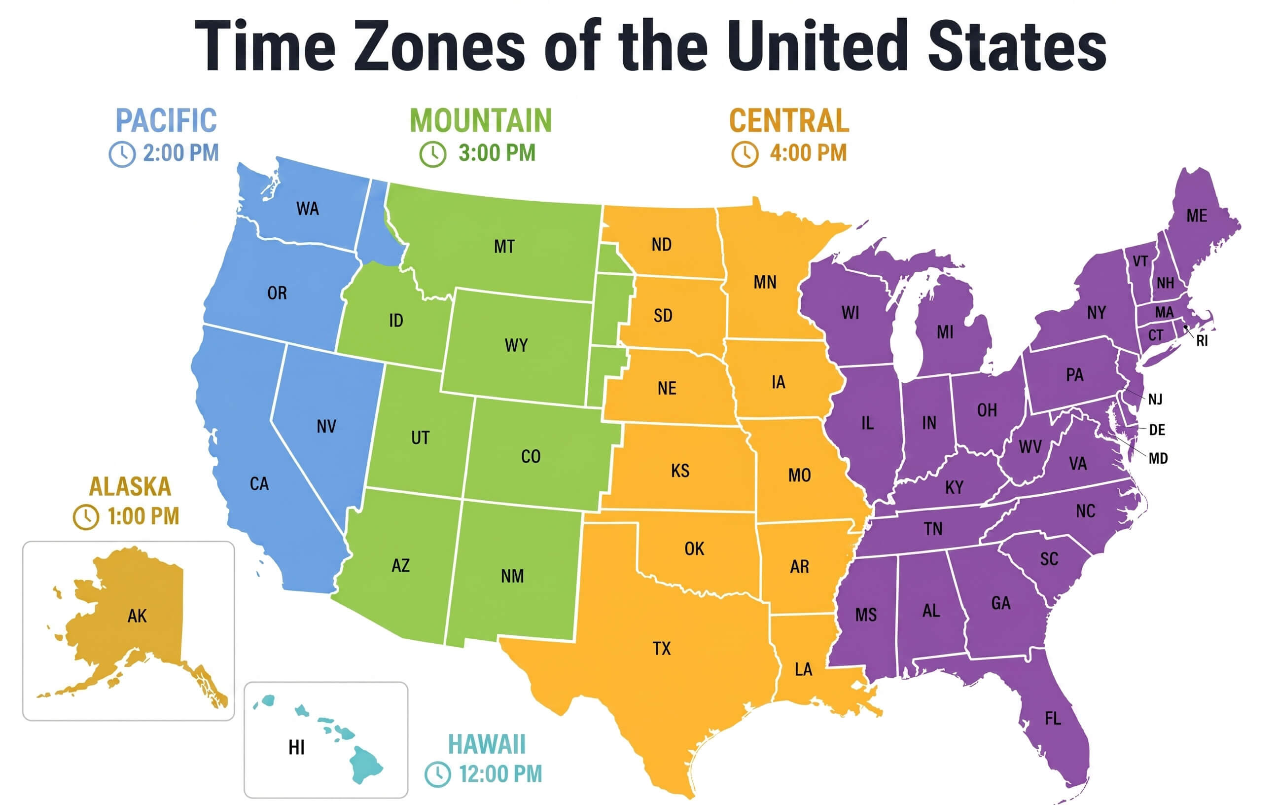 Time zones map of the United States