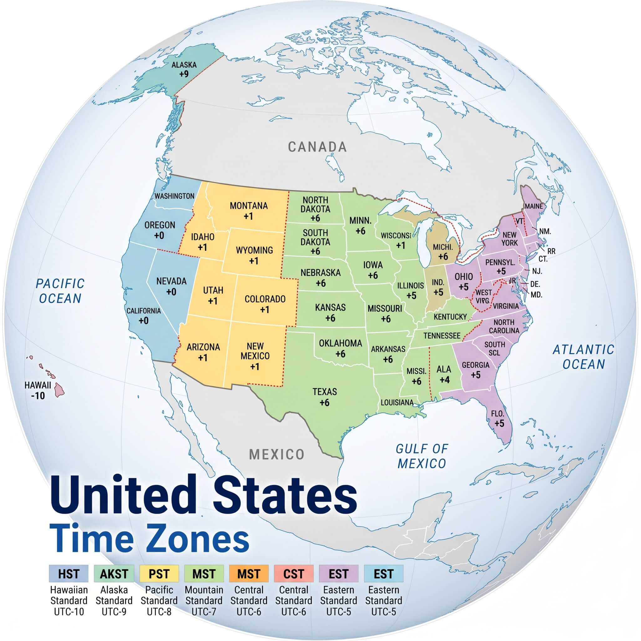 United States time zones map with Globe