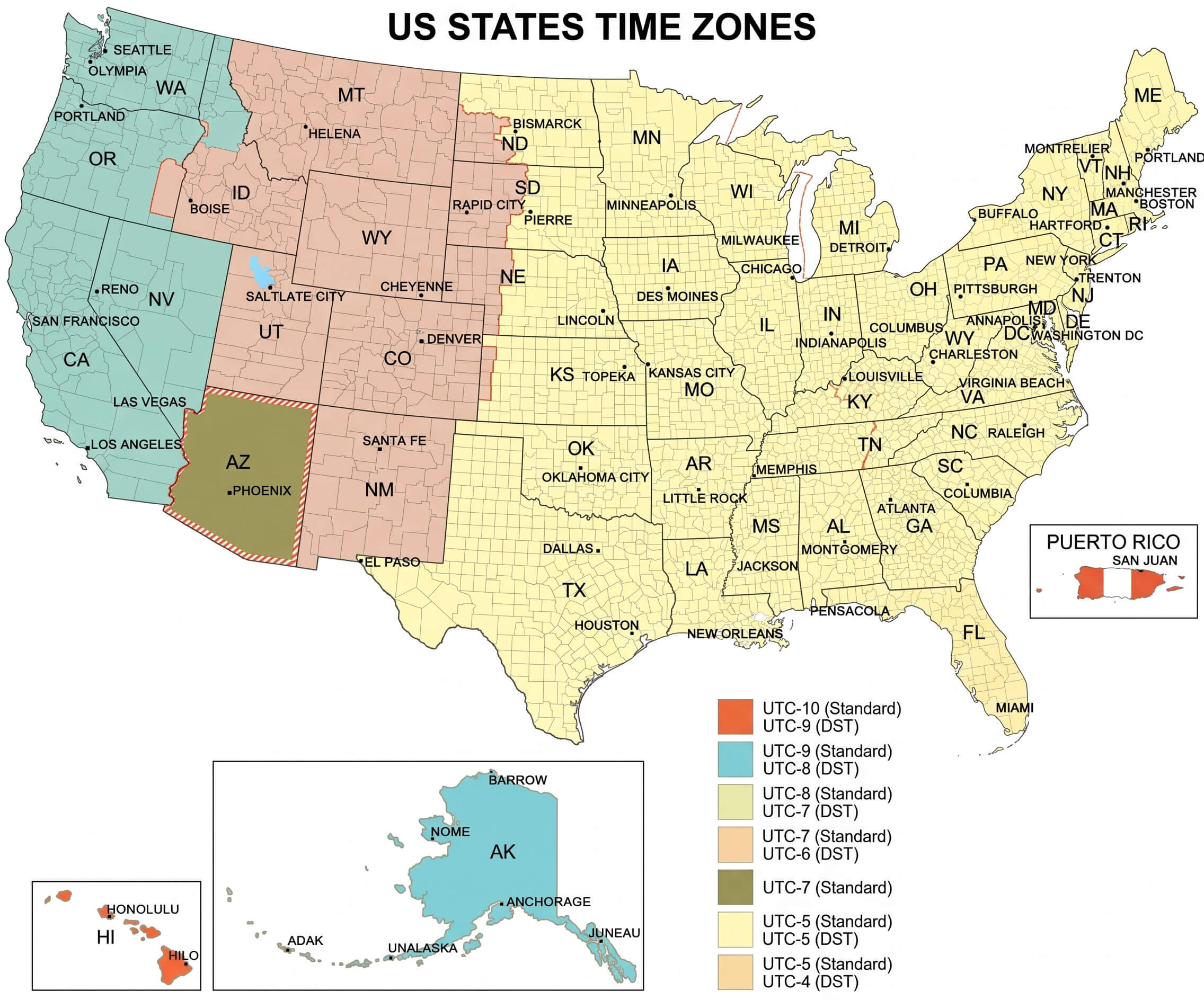 US states time zones map