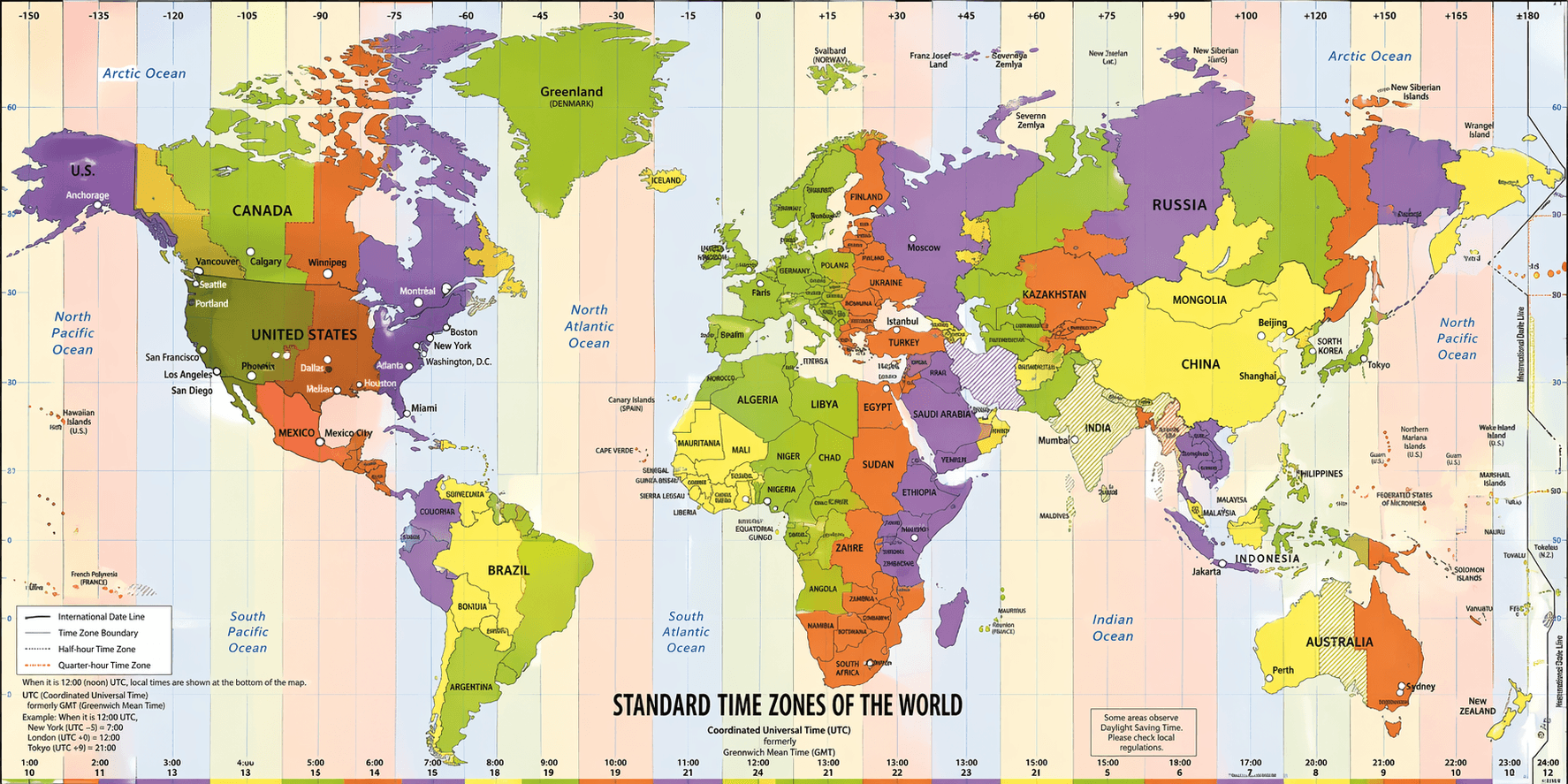 World standard time zones map with US