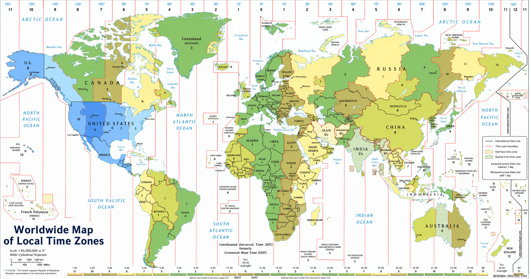 World time zones map with the United States