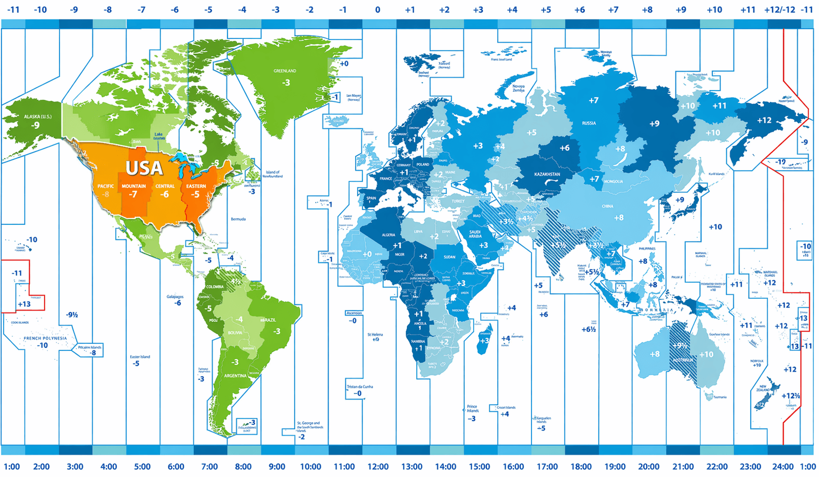World time zones map with USA	
