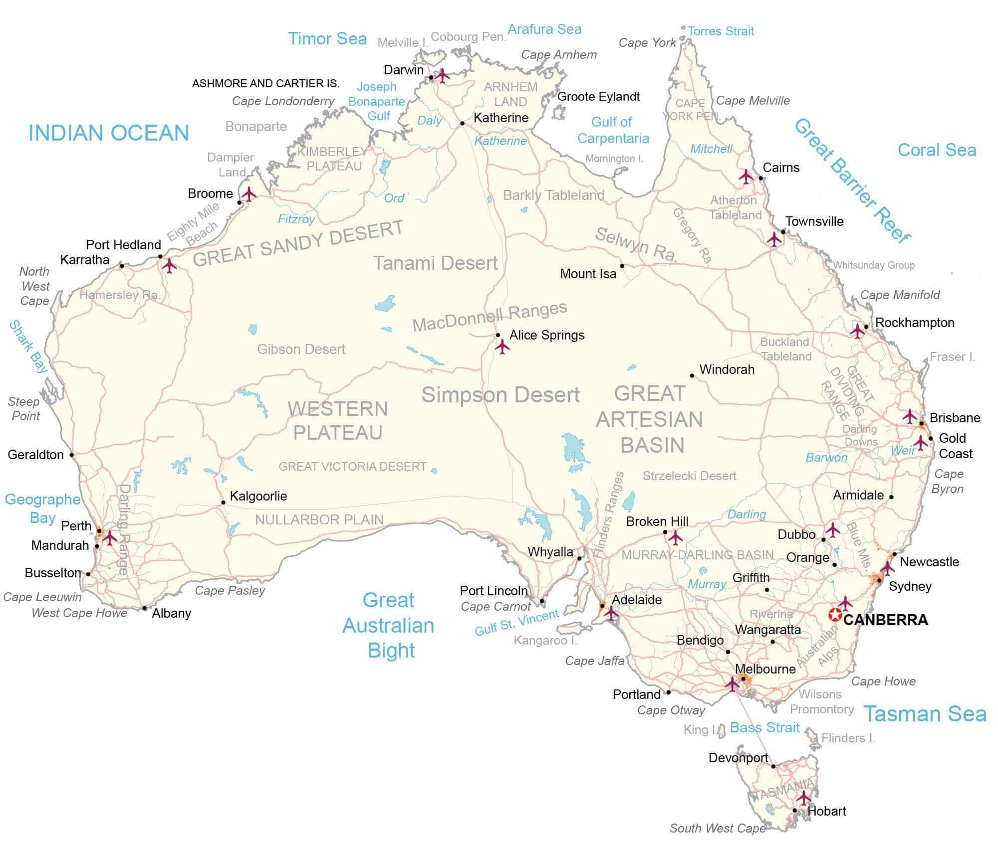 Australia high-resulution cities airports map