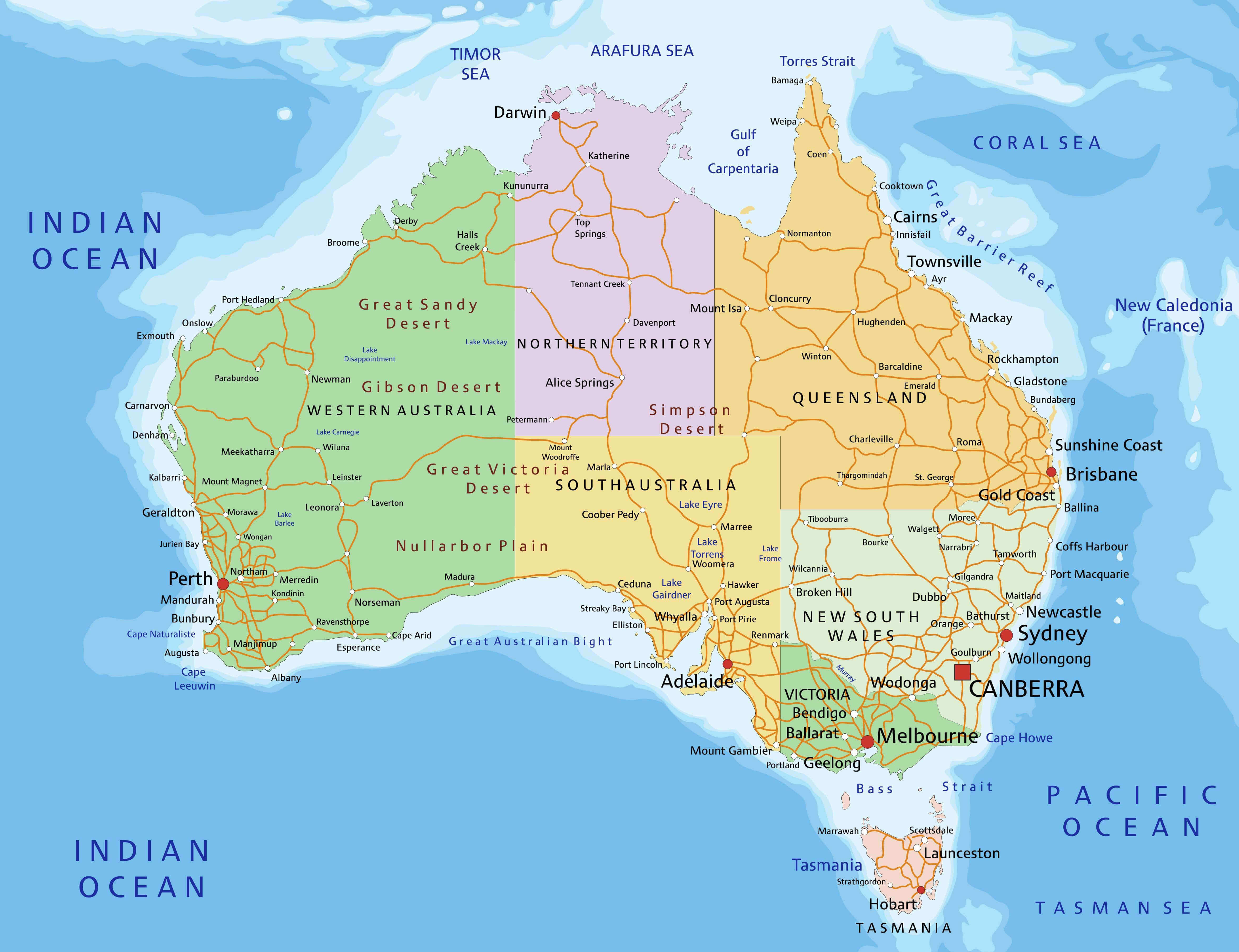 Australia high-resulution printable political map