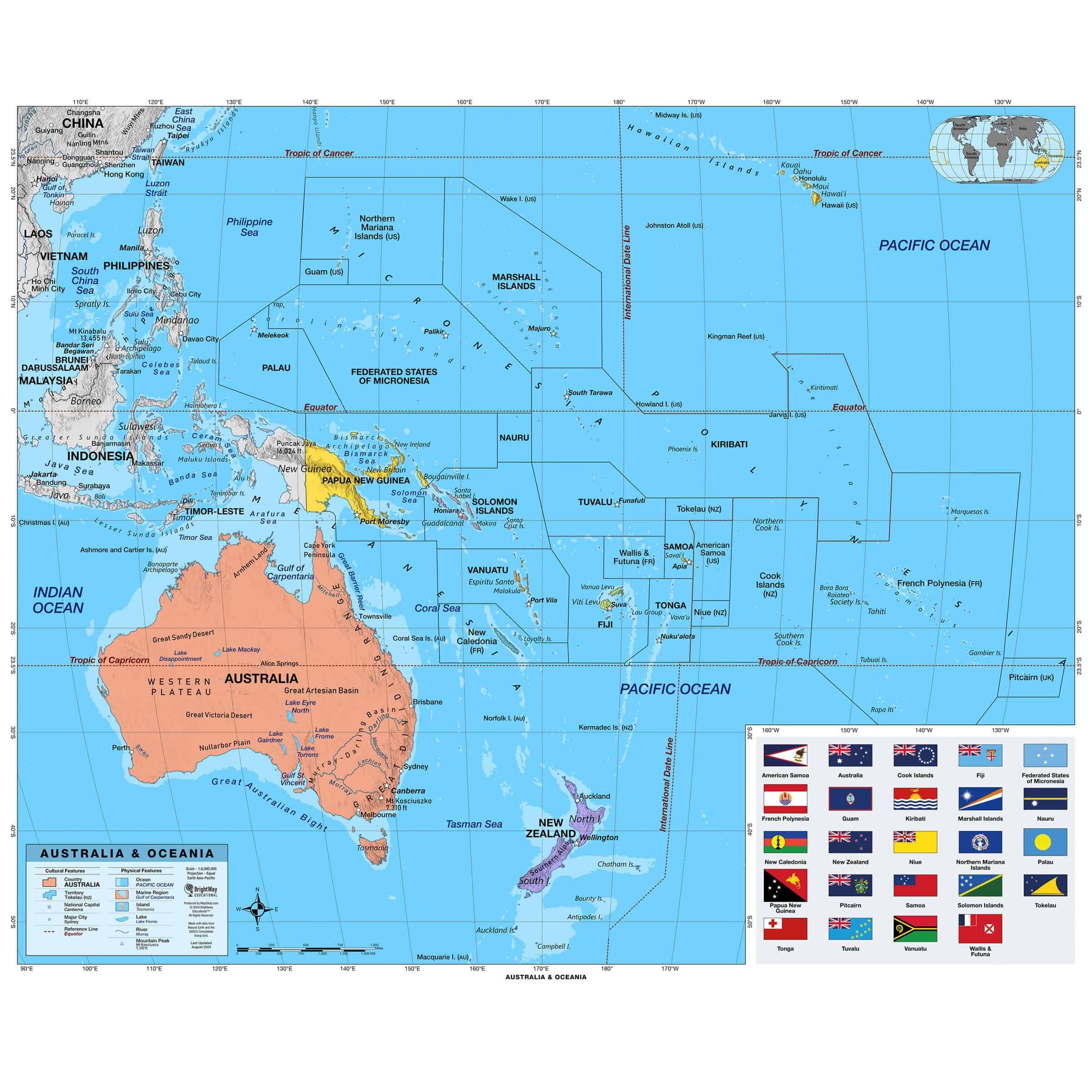High resulution Australia and Oceania map with countries flags