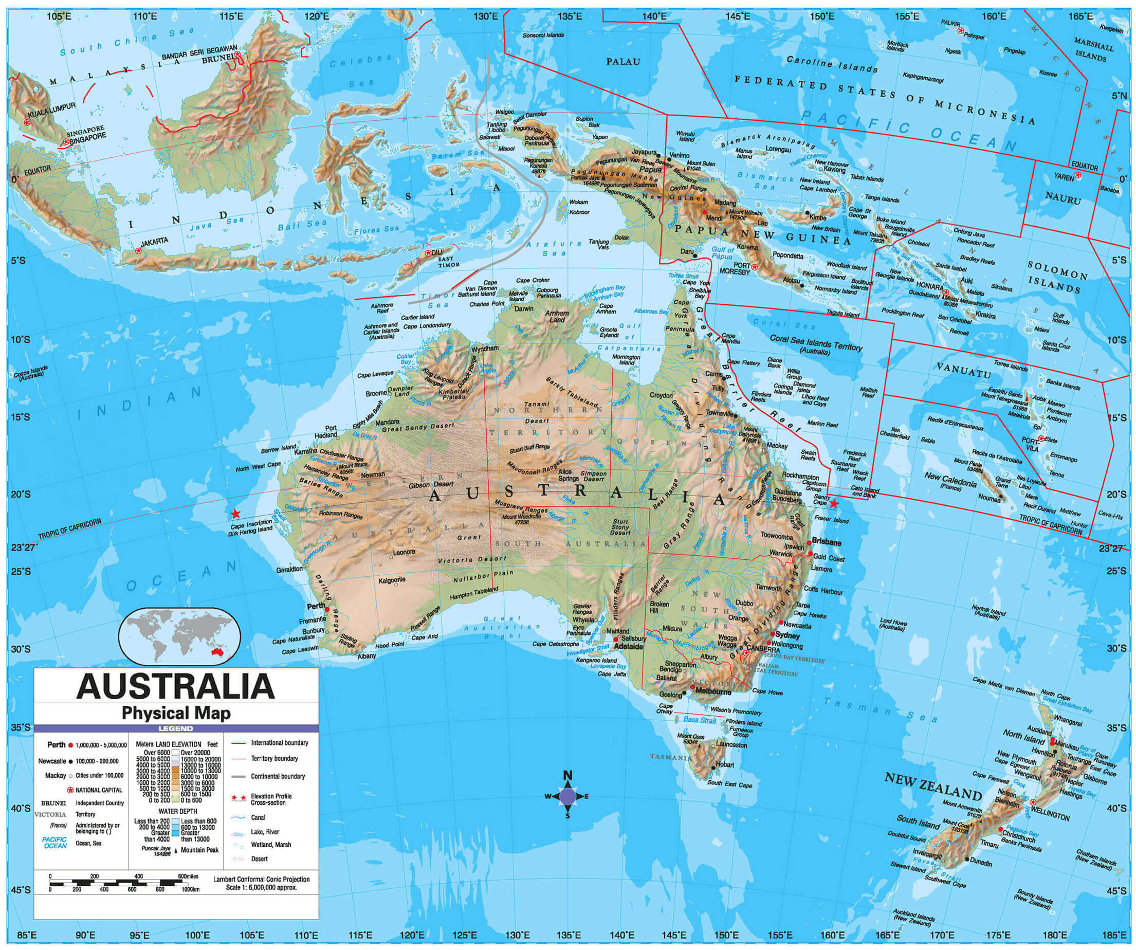 Large detailed physical map of Australia