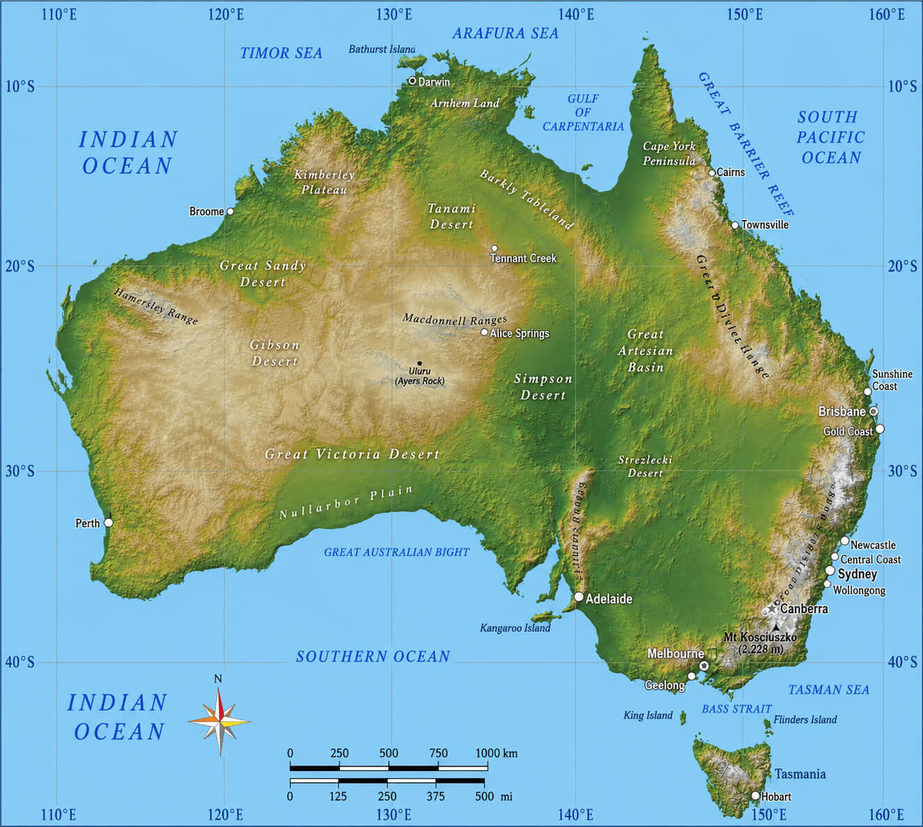 Australia physical terrain map