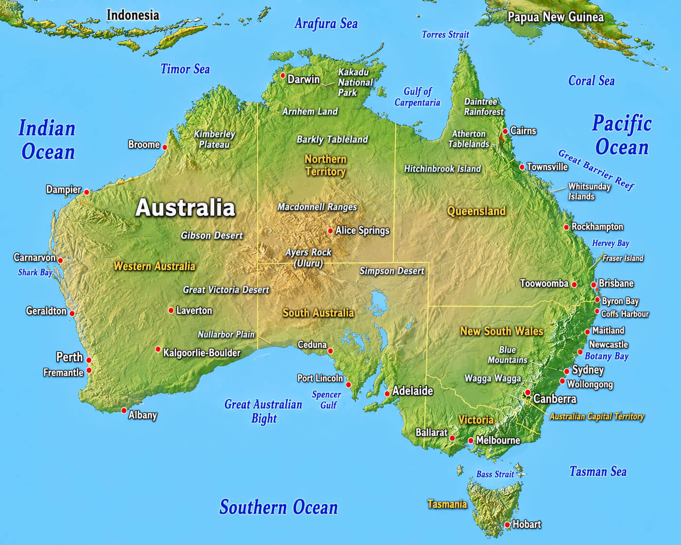 Detailed physical map of Australia