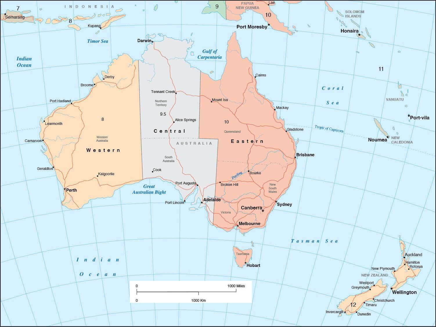 Australia time zone map with longitude latitude