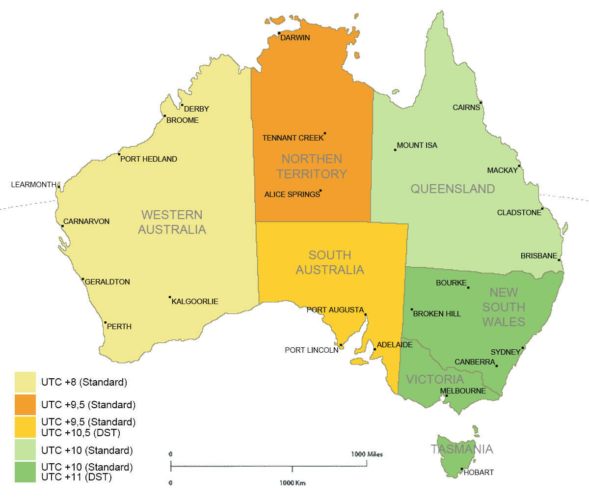 Australia time zones UTC map