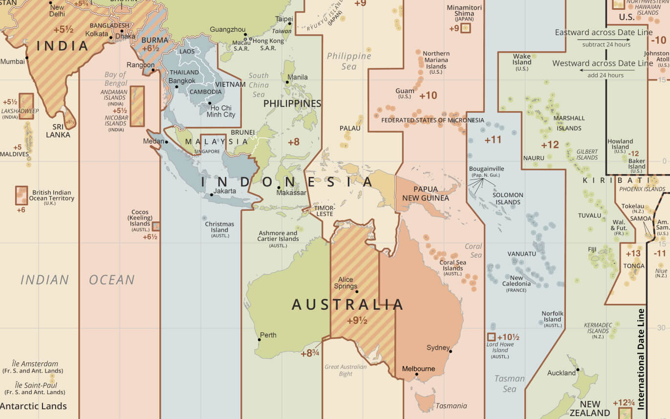 Oceania time zones map with Australia