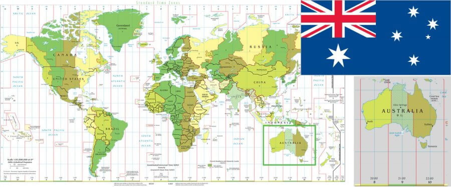 World time zones and Australia map
