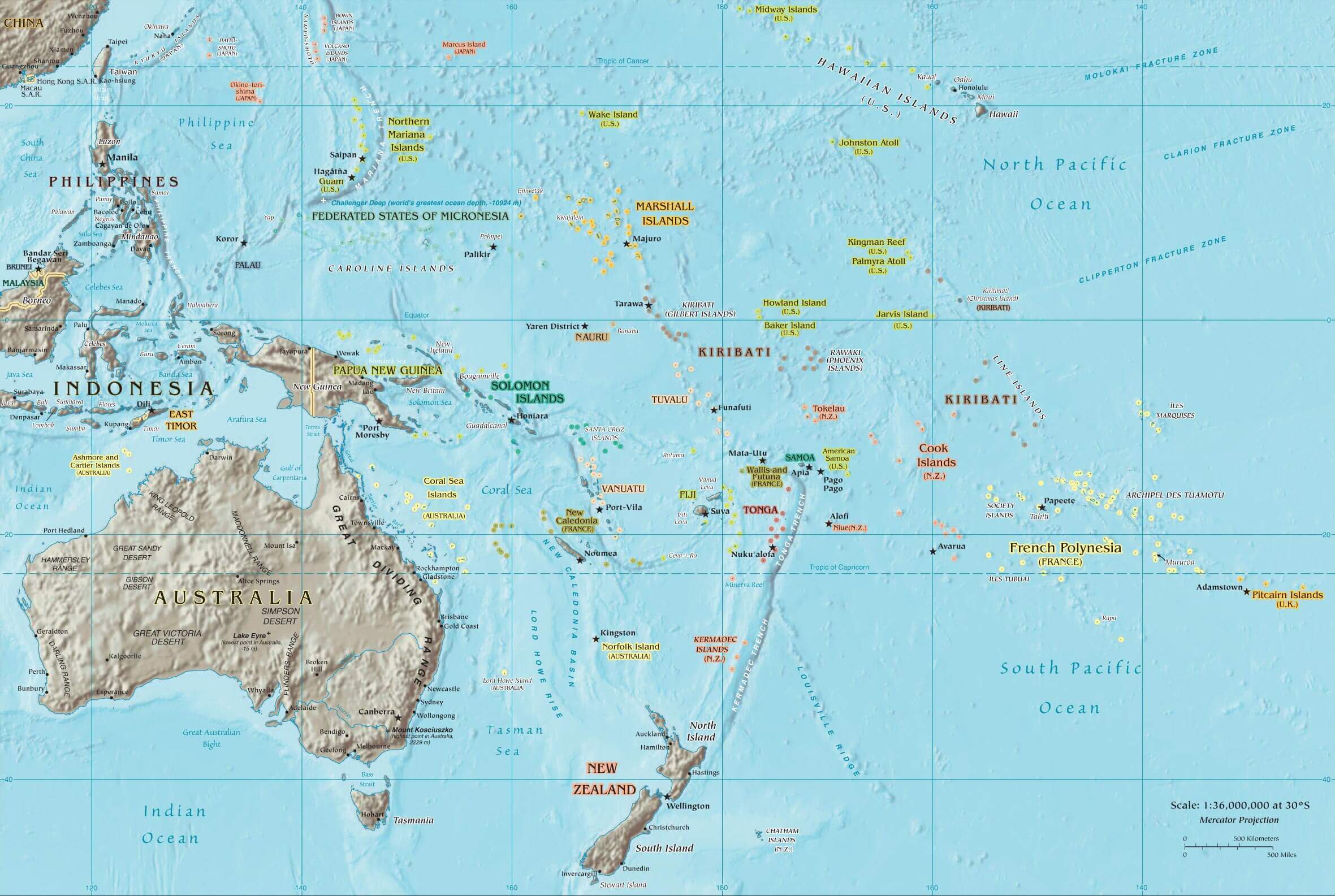 Cities and physical map of Oceania