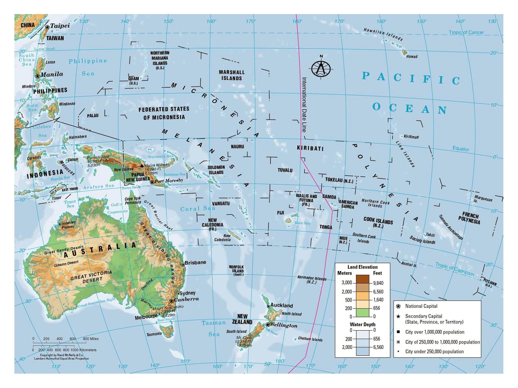 Map of Oceania land elevation with cities