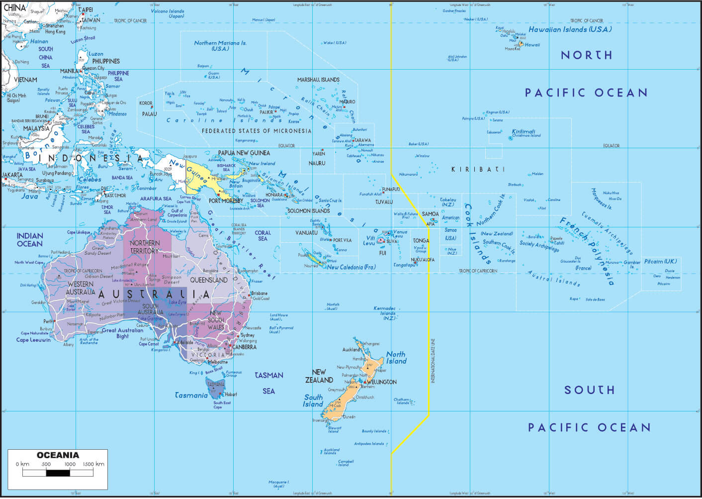 Oceania and Australia territories political map