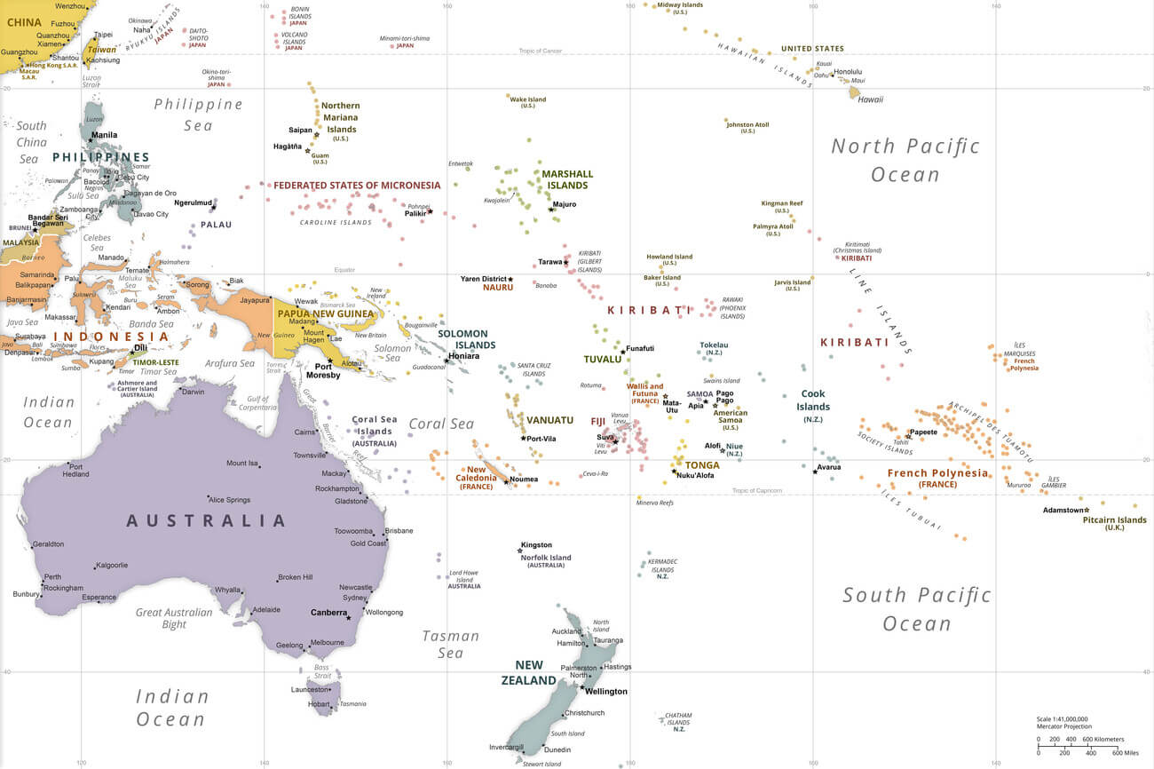 Oceania major cities map with Australia