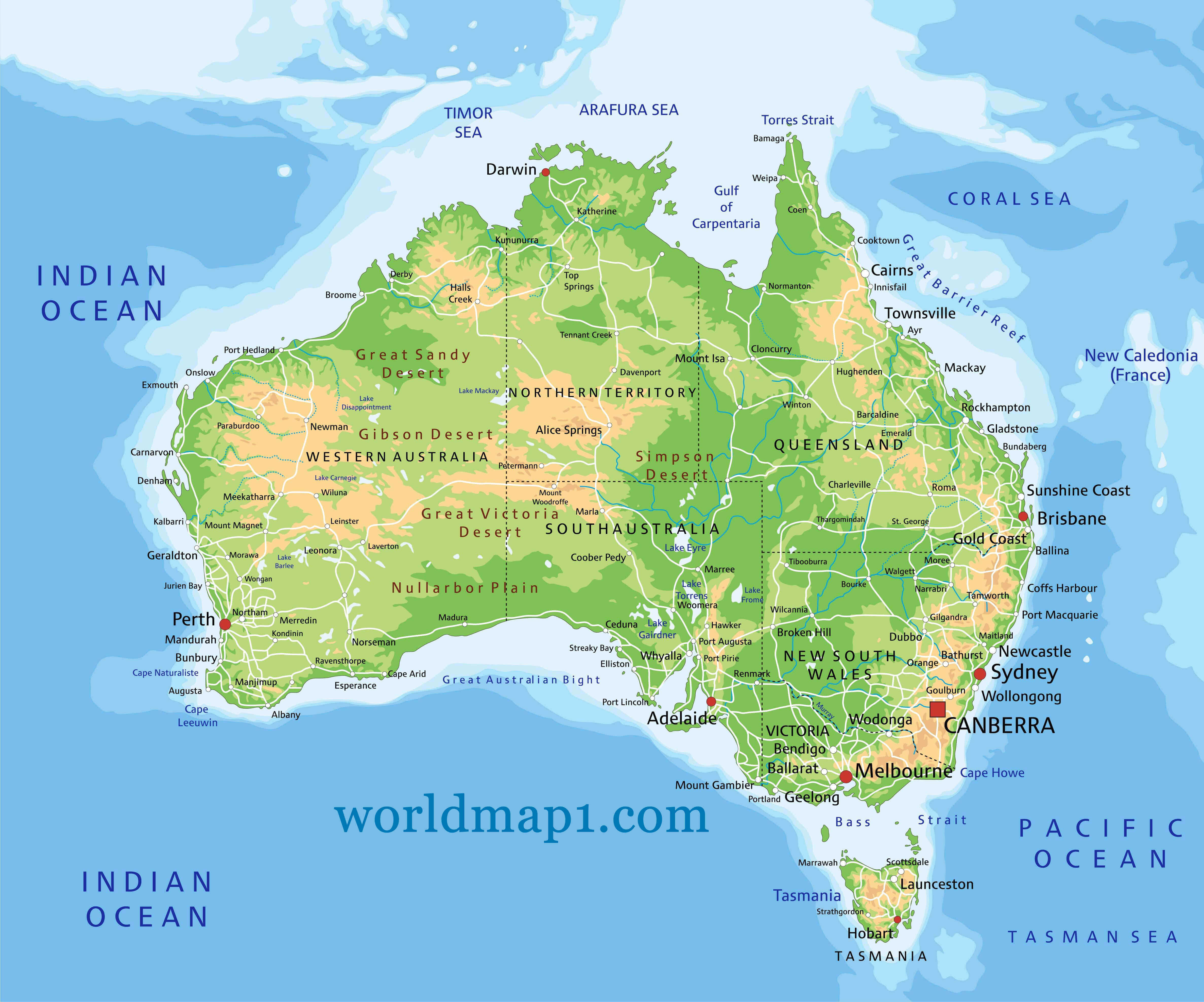 Oceania physical map of Australia