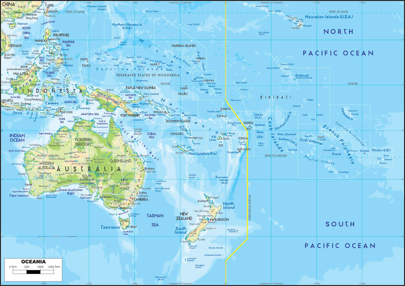 Oceania physical map with cities