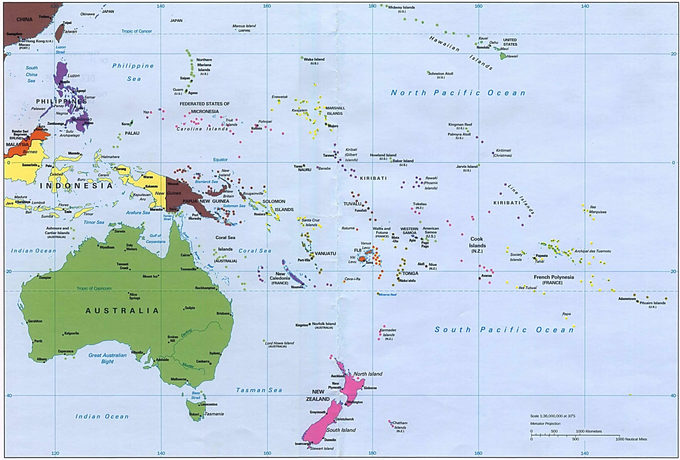 Oceania political map with cities