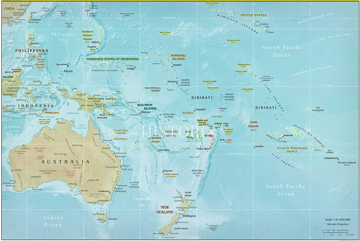 Oceania relief map with cities