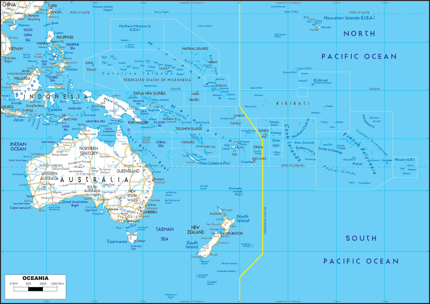 Oceania road map with major cities