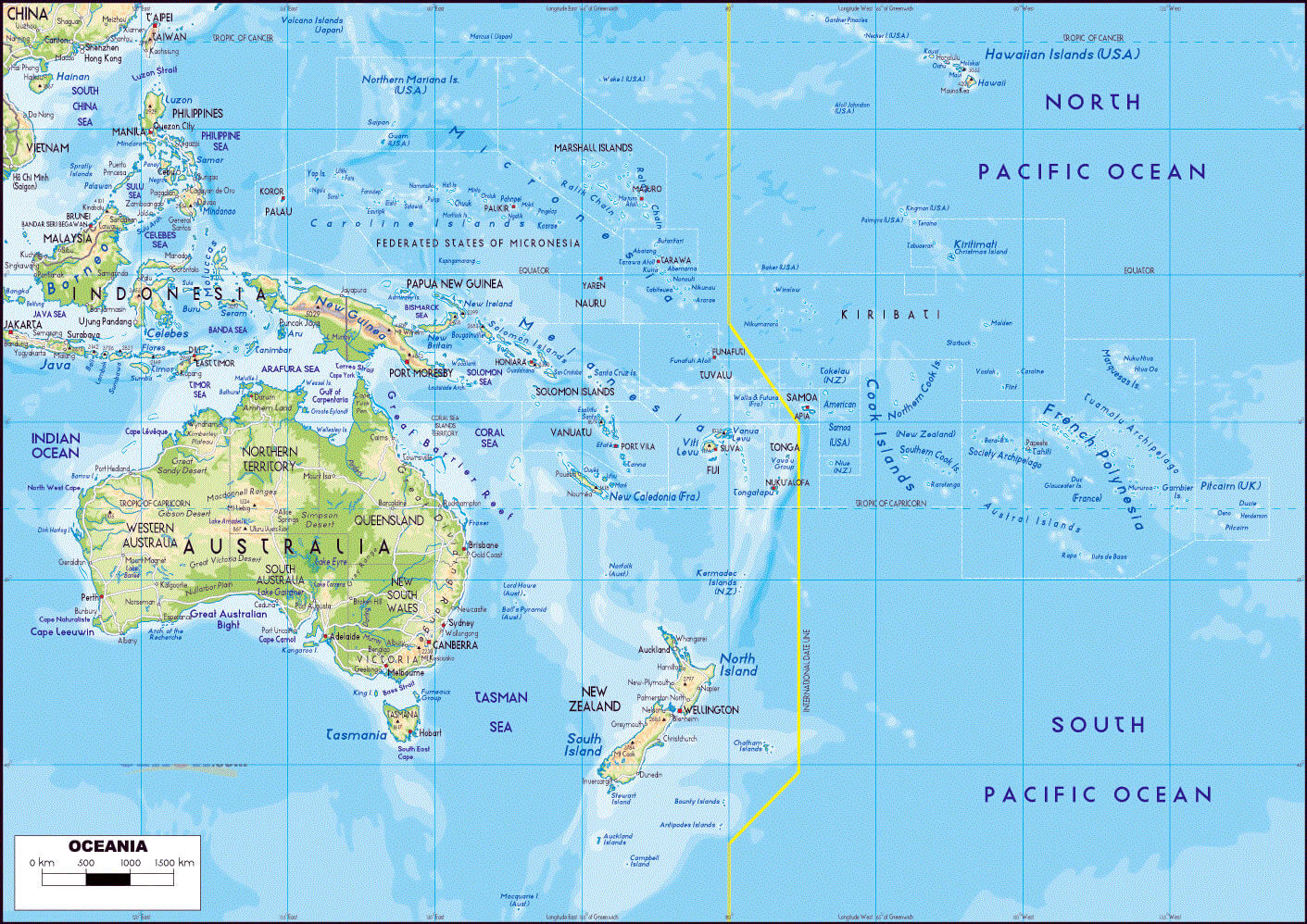 Physical map of Australia and Oceania
