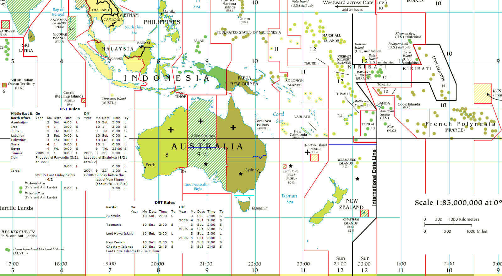 Detaied Australia and Oceania time zone map