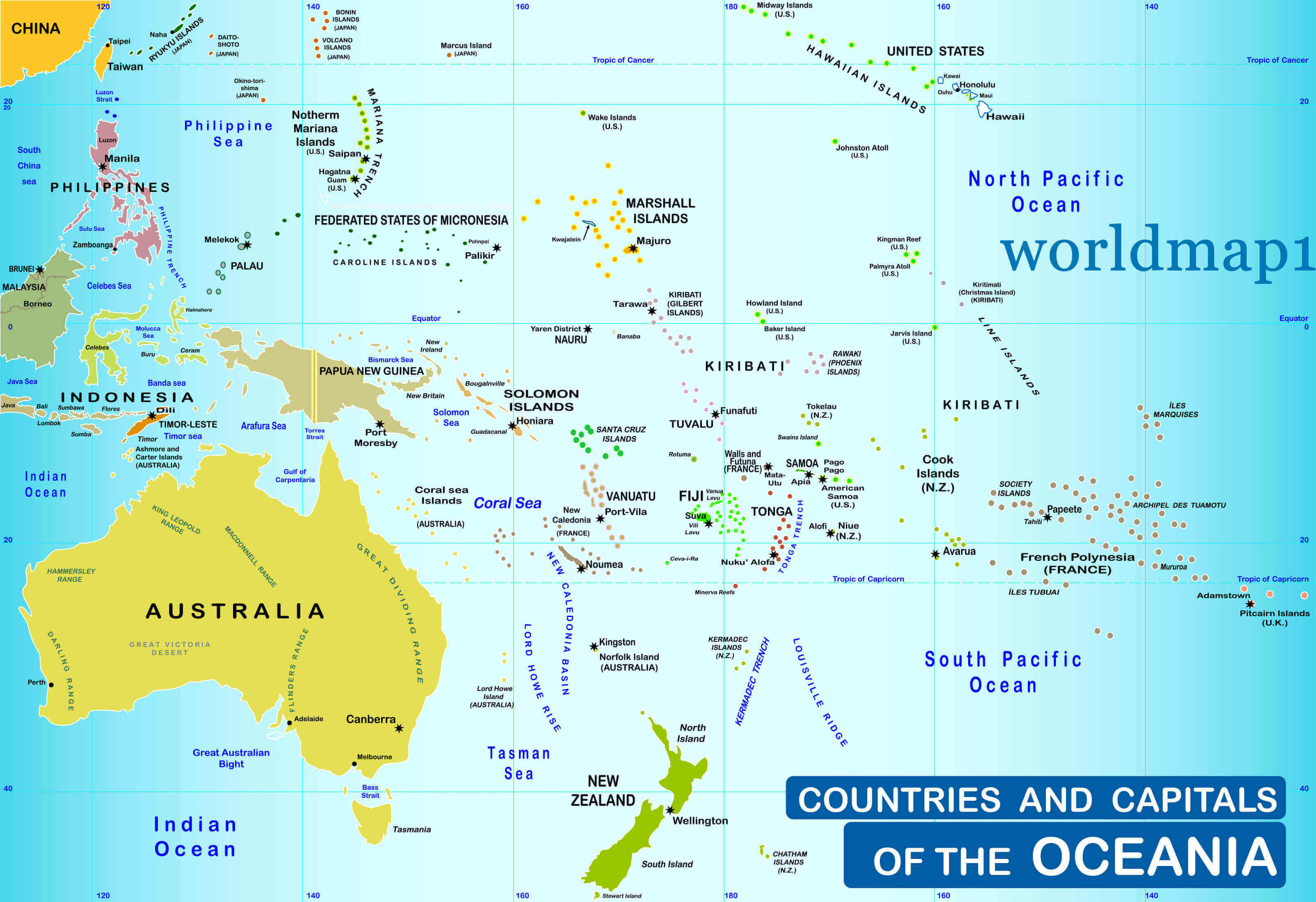 High Resolution capitals map Oceania countries
