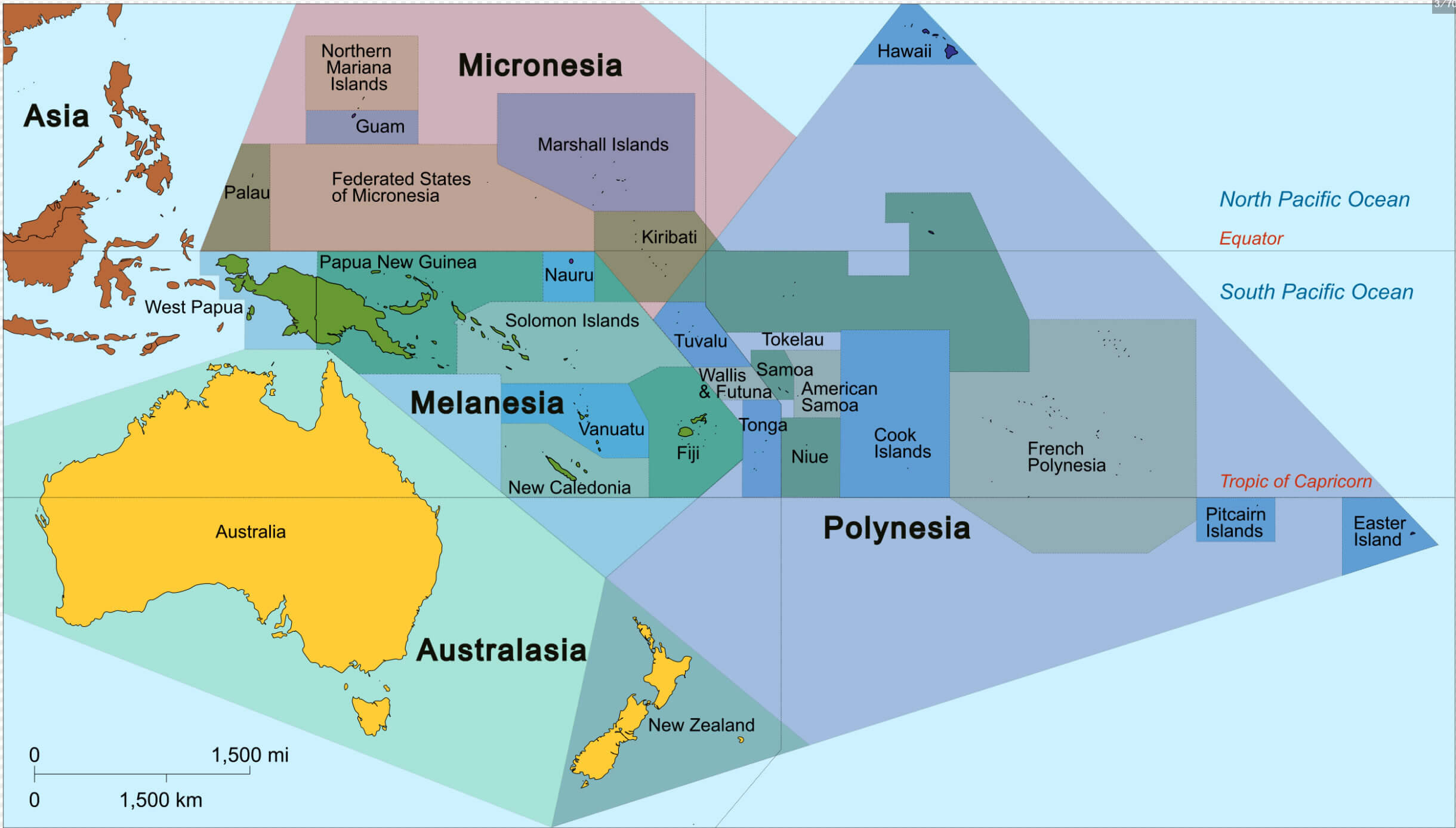 High-resolution Oceania territories and subregions map