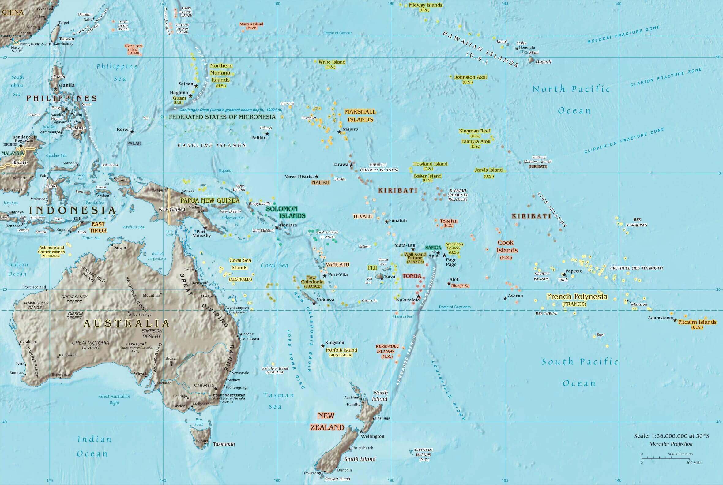 Large cities and physical map of Oceania