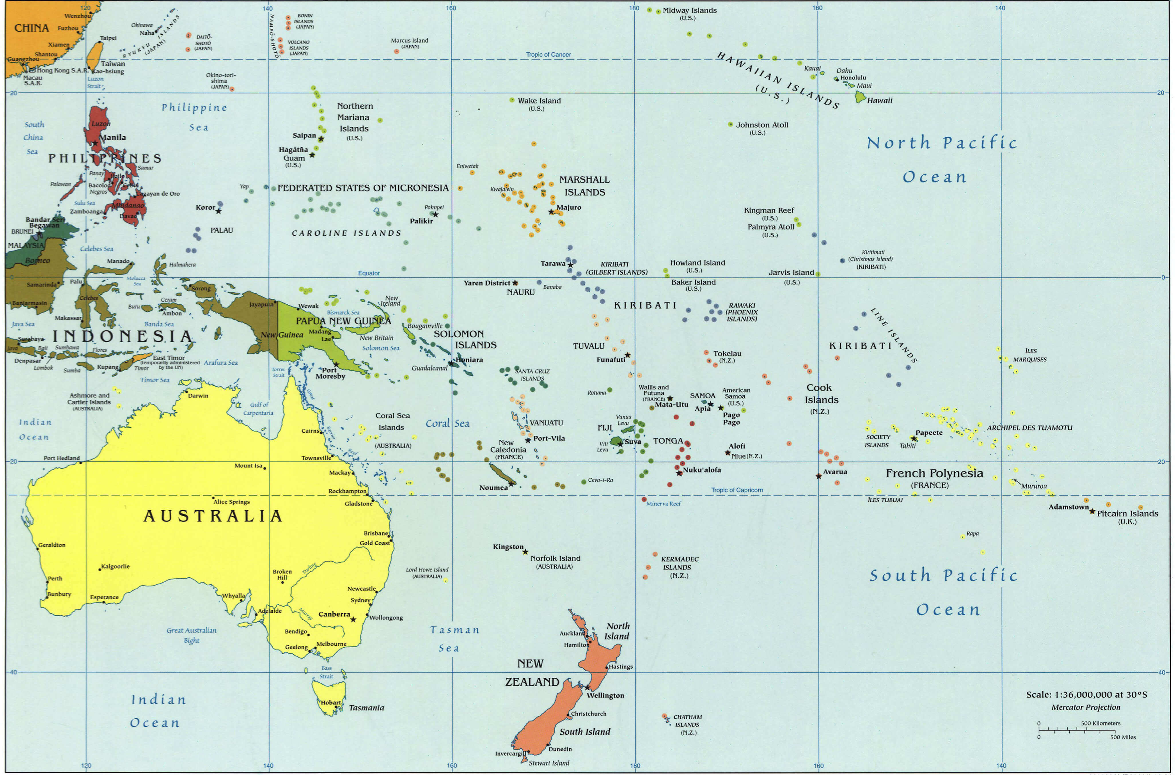 Large political map of Oceania with capitals cities